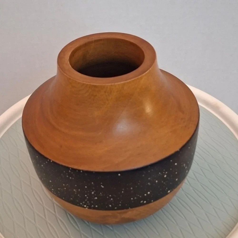 West Elm Turned Mango Wood Vase Brown Excellent Black Speckl Band Trim MCM Decor
